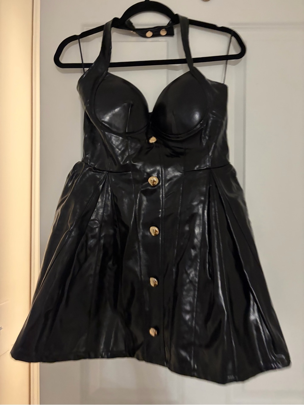 AKIRA Black Faux Leather Halter Mini Dress with Gold Buttons